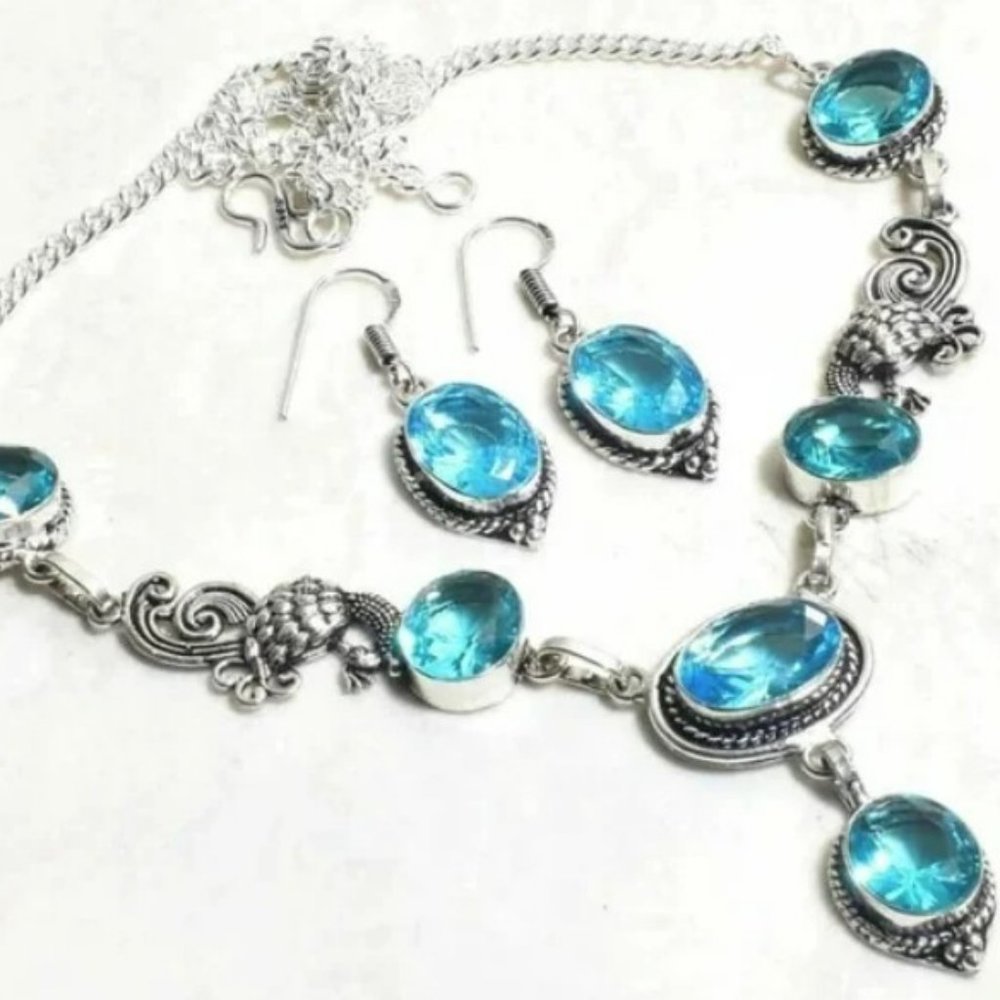 SALE PRICE STUNNING! BEAUTIFUL! Swiss Blue Topaz Quartz Silver Necklace/Earrings